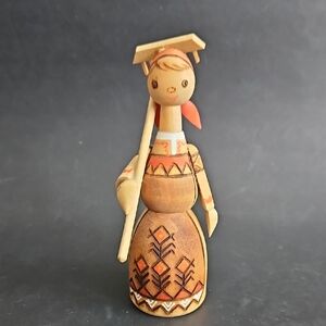 Vintage 1970s Russian Folk Art Doll Wooden Hand Painted Pyrography